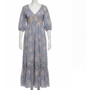 Free People Golden Hour Maxi Dress Large blue white Floral Smocked V Neck Boho
